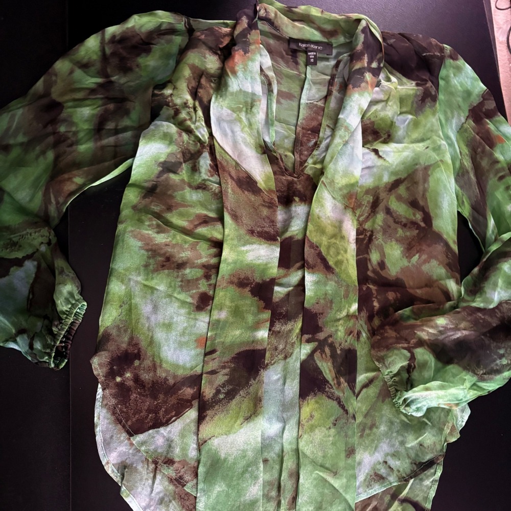 Karen Kane 100% silk green‎ brown tie-dye blouse casual business natural XSmall